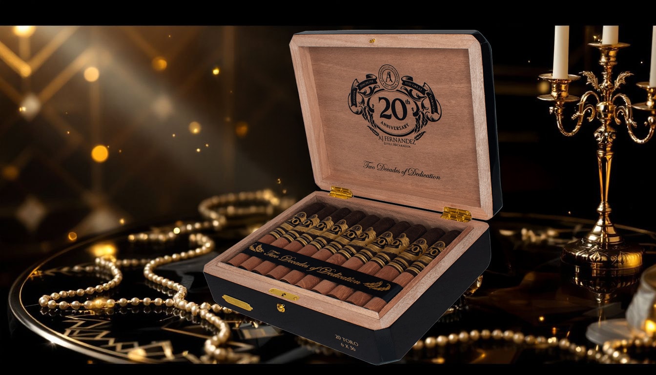 A collection of AJ Fernandez 20th anniversary cigars displayed elegantly.