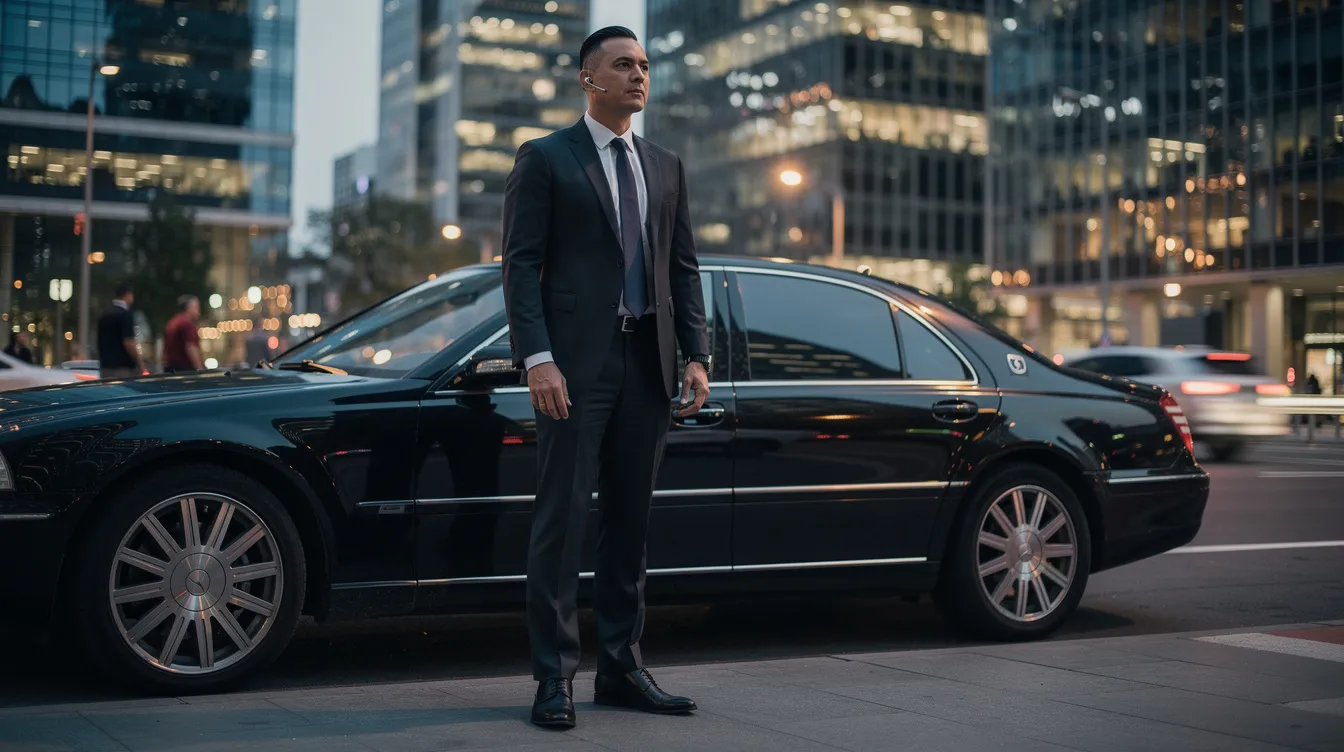 A professional executive protection officer in business attire stands confidently next to a luxury vehicle in an urban setting, showcasing their commitment to providing personal security expertise. This image highlights the importance of close protection services and the role of security teams in ensuring a secure environment for high-profile individuals.