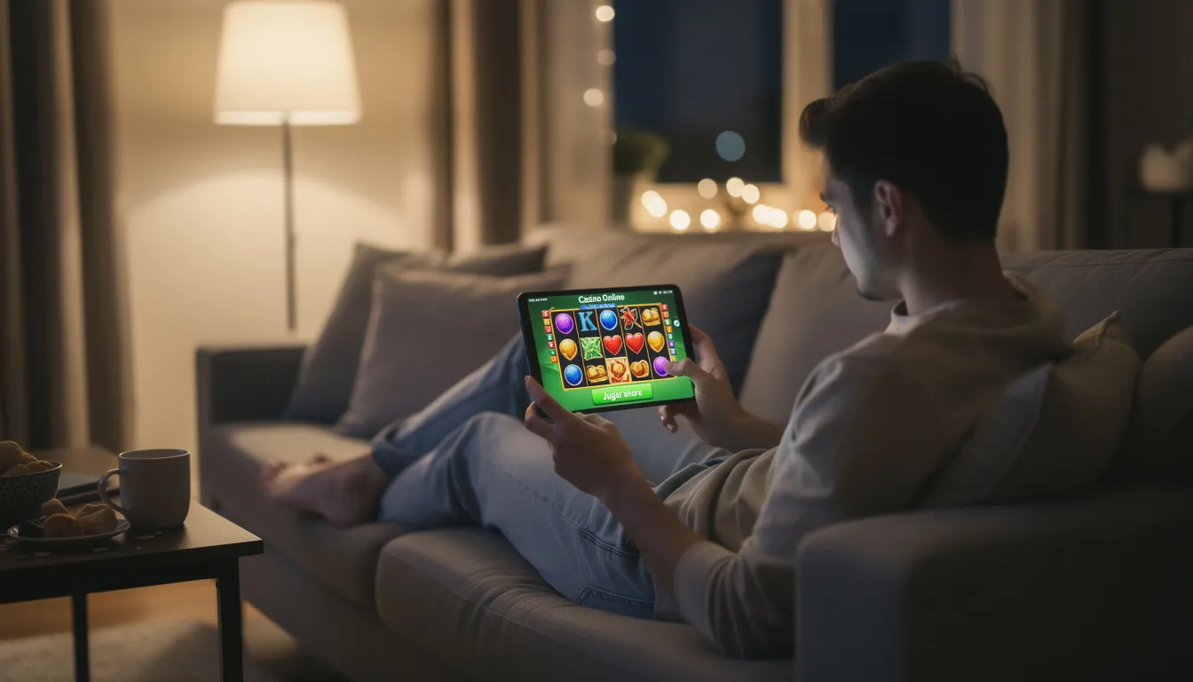 Una persona está disfrutando de juegos de azar en un casino online desde su smartphone, rodeada de un ambiente relajado. La imagen refleja la experiencia de los jugadores españoles que acceden a casinos internacionales online, con un enfoque en la comodidad y la variedad de juegos disponibles.