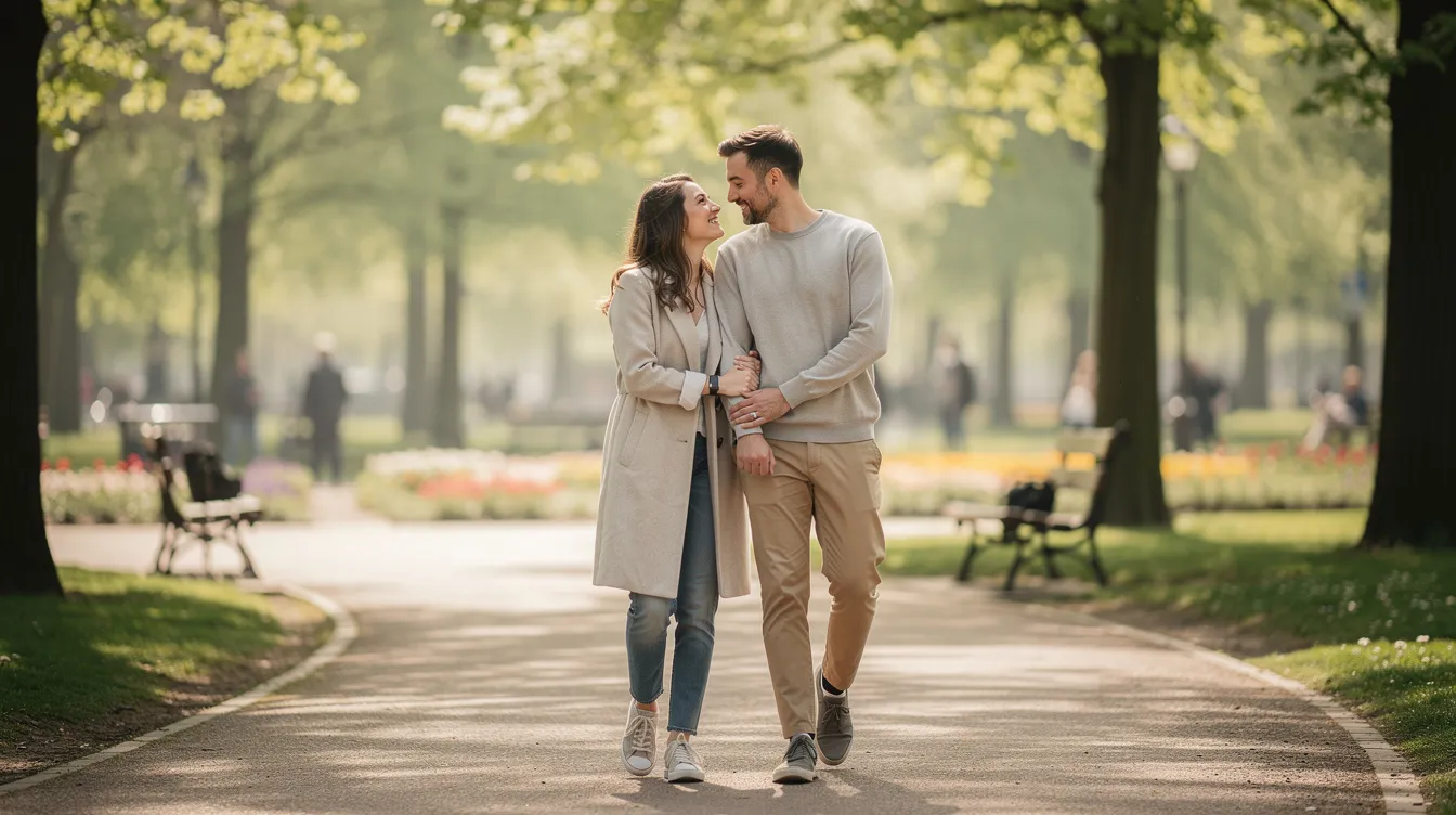 A calm couple walks hand in hand through a serene park, embodying the essence of a successful relationship built on mutual respect and shared interests. Their relaxed demeanor suggests a deep emotional connection, indicative of a compatible partnership that thrives on true compatibility and lasting love.