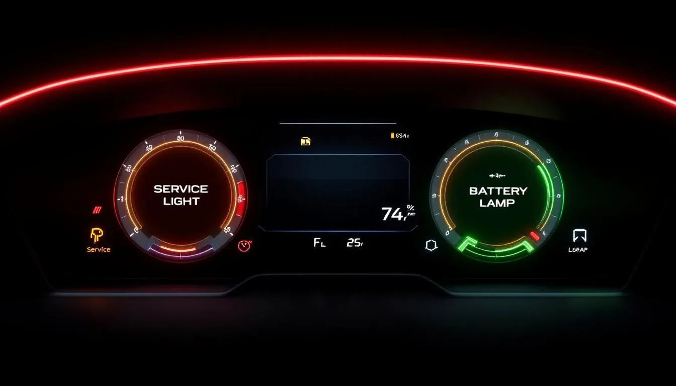 An image depicting common BMW dashboard light indicators, including the service light and battery lamp.
