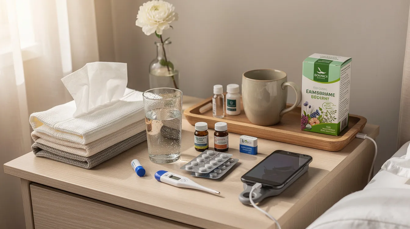 A neatly organized bedside table displays essential recovery supplies for patients recovering from breast augmentation surgery, including pain medication, ice packs, and a surgical bra. The setup reflects the first few weeks of the recovery period, emphasizing comfort and care during the healing process.