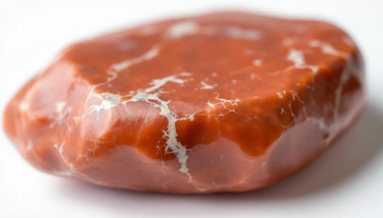 The image showcases a vibrant red jasper stone, known as the supreme nurturer among healing stones, surrounded by various healing crystals like rose quartz and clear quartz. This nurturing stone symbolizes emotional balance and physical energy, reflecting its powerful healing properties and connection to the natural world.