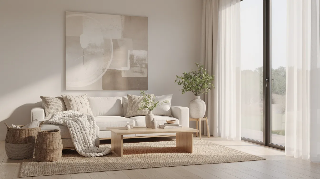 A bright and modern staged living room features neutral furniture and layered textures, with large windows allowing natural light to fill the space. This appealing interior design aims to attract potential buyers in the greater Sacramento area, enhancing the perceived value of the property through thoughtful staging.
