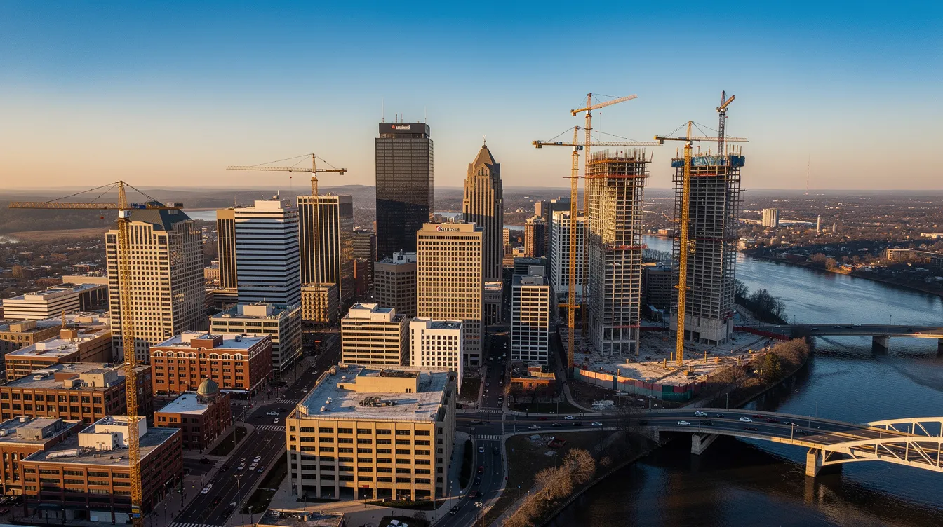 An aerial view of the Nashville skyline showcases multiple construction cranes against a clear sky, highlighting the city's ongoing development and construction projects. This vibrant scene reflects the growing market demand and the various construction costs associated with building in Tennessee, including labor and material expenses.