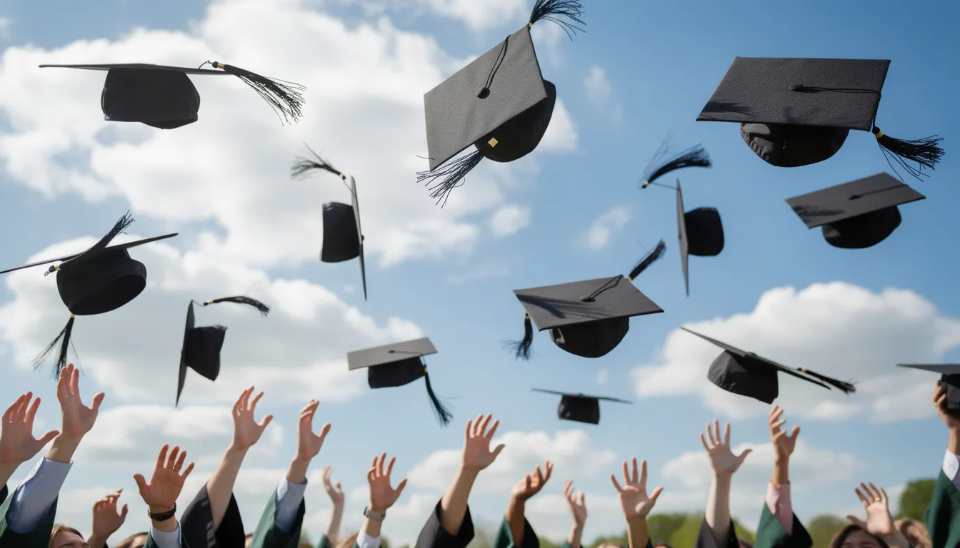 A vibrant scene captures graduates joyfully tossing their caps into the air against a clear blue sky adorned with fluffy clouds, symbolizing their achievement and completion of their educational journey. This moment reflects the excitement of students celebrating their diplomas, marking a significant milestone in their lives.