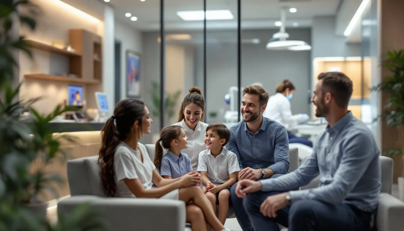A family is receiving dental care in a comfortable and modern dental clinic, showcasing a welcoming environment where patients of all ages can feel relaxed during their dental visits. The scene highlights the compassionate care provided by the dental team, emphasizing the importance of oral health and comprehensive dental services for the entire family.