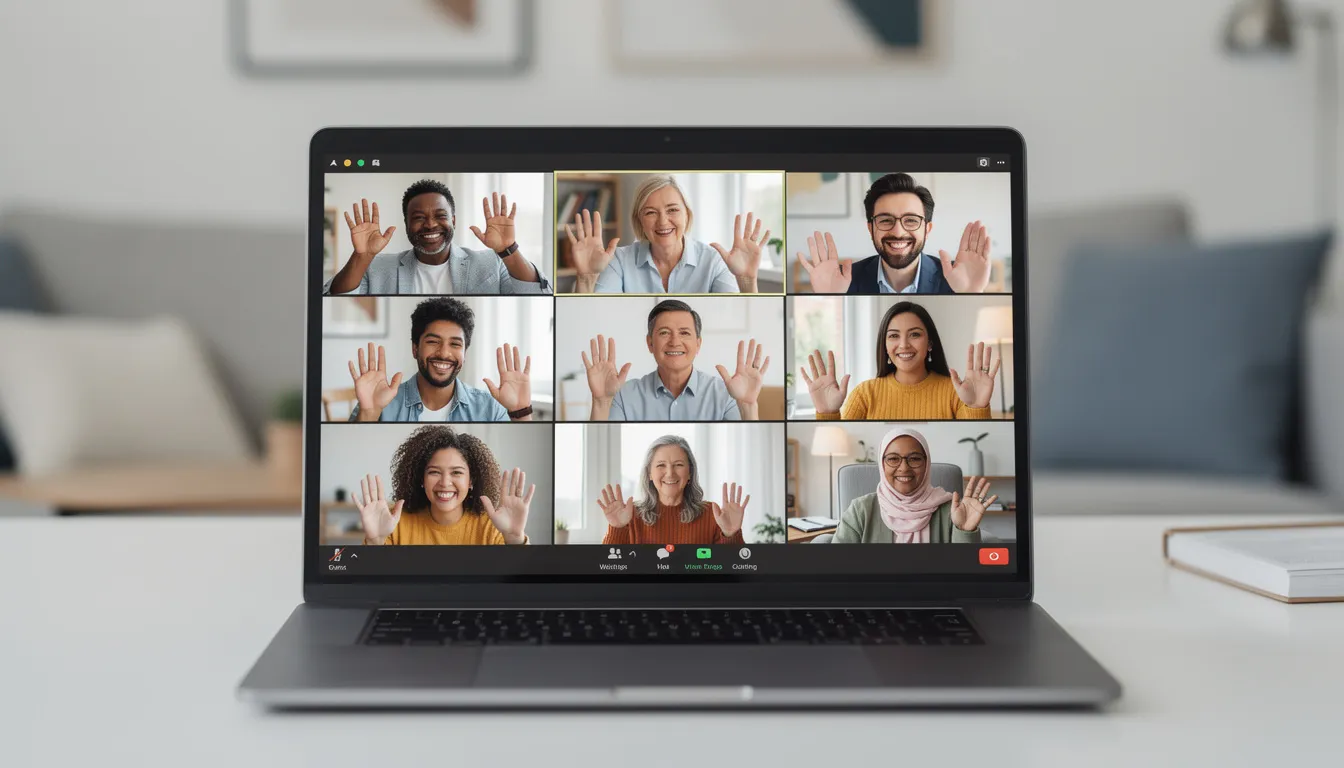 A diverse group of people is smiling and waving during a video conference call, showcasing a vibrant team culture and the joy of virtual meetings. This engaging scene reflects team collaboration and the fun of icebreaker games, fostering connections among remote team members.