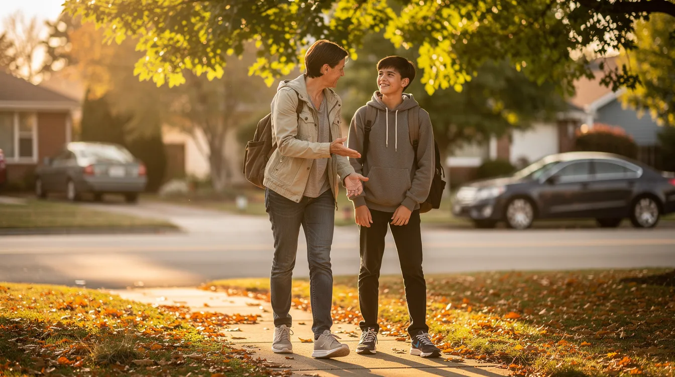A parent and teen are walking together outside, sharing a moment of connection and support. This scene highlights the importance of family relationships in the journey of mental health treatment and emotional development for adolescents, emphasizing the role of parents in providing a safe space for open communication about feelings and challenges.