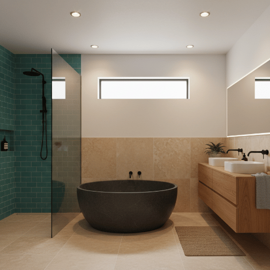 Modern bathroom with recessed ceiling spotlights, a round soaking tub, and a walk-in shower with teal tile.