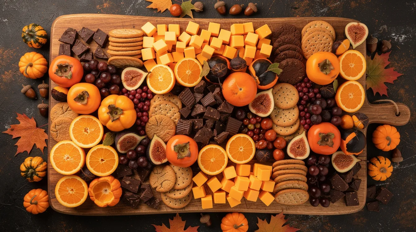 An overhead view of a large wooden board filled with a variety of Halloween-themed snacks, including candy corn, candy pumpkins, and seasonal fruits, all arranged in festive orange and black colors. Small pumpkins and bowls of treats add a fun and creative touch, perfect for a Halloween party celebration with friends and family.