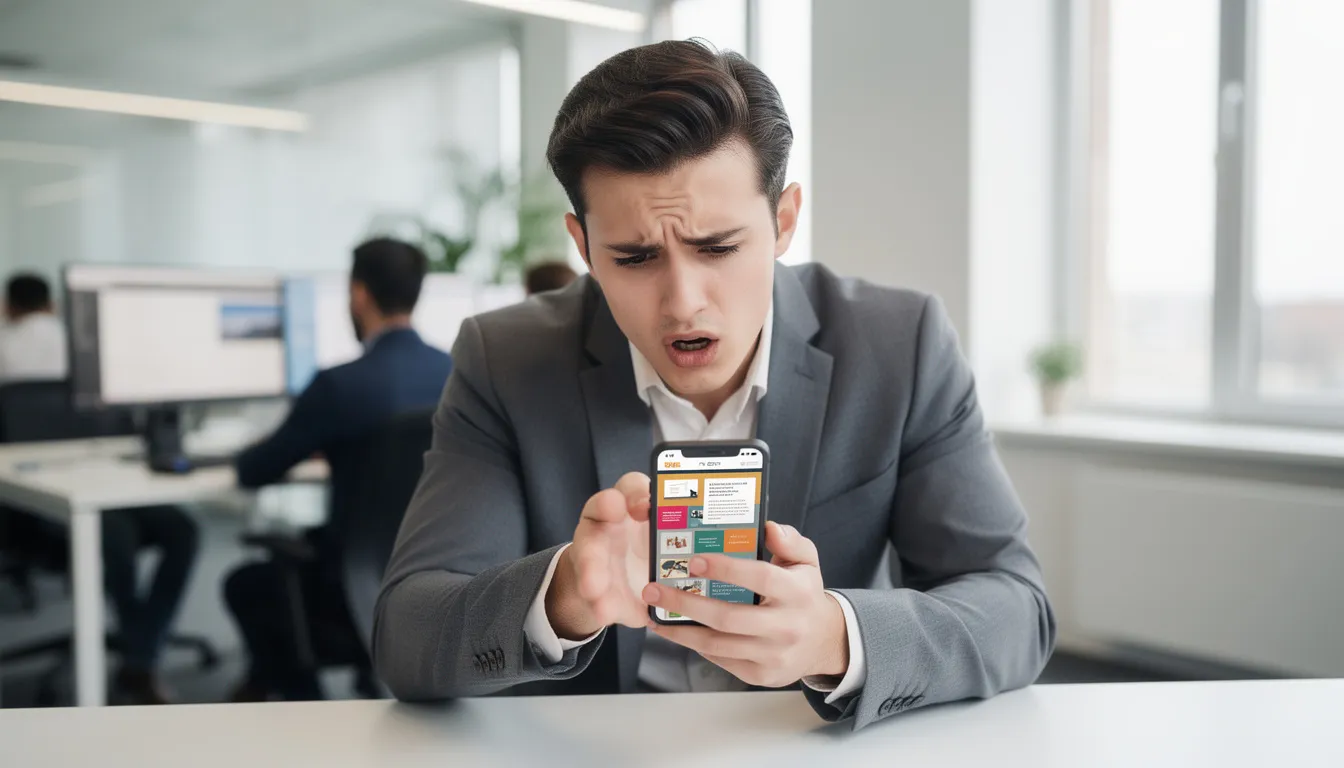 A professional is looking at their smartphone with a confused expression while browsing a poorly designed website, highlighting the frustrations of cheap websites that often lead to poor user experience and hidden costs for businesses. This scenario emphasizes the importance of investing in quality web development to avoid losing potential customers and revenue in the long run.