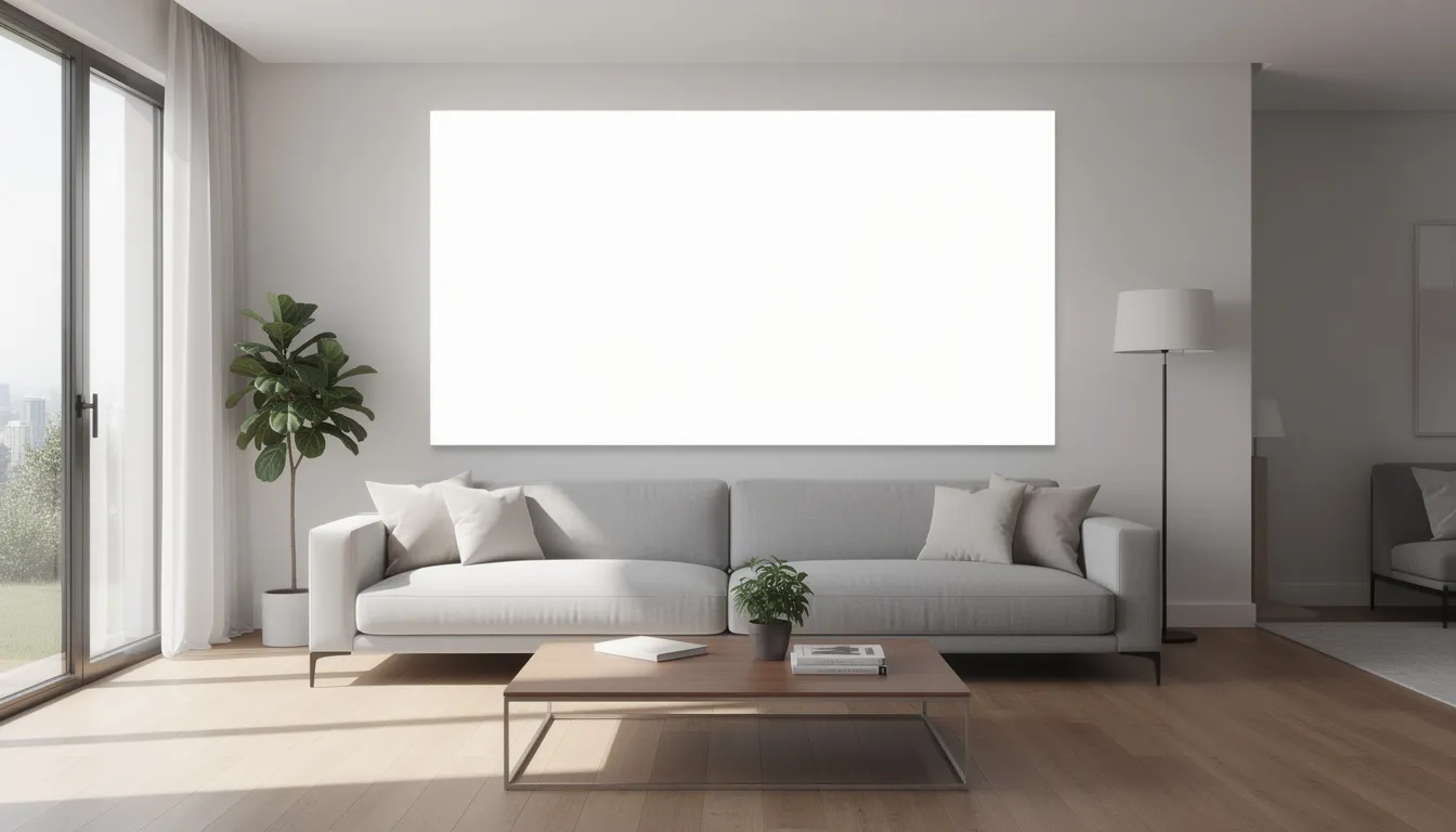 A spacious living room features a modern sofa and a large blank wall, creating the perfect canvas for oversized wall art. This area awaits the installation of vibrant artwork to enhance the room