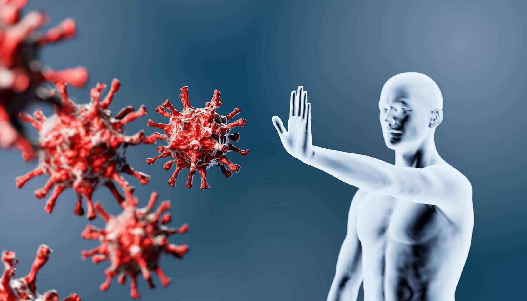 "Digital illustrasjon av menneskekropp som holder hånden opp for å stoppe røde viruspartikler – symbol på kroppens immunforsvar."