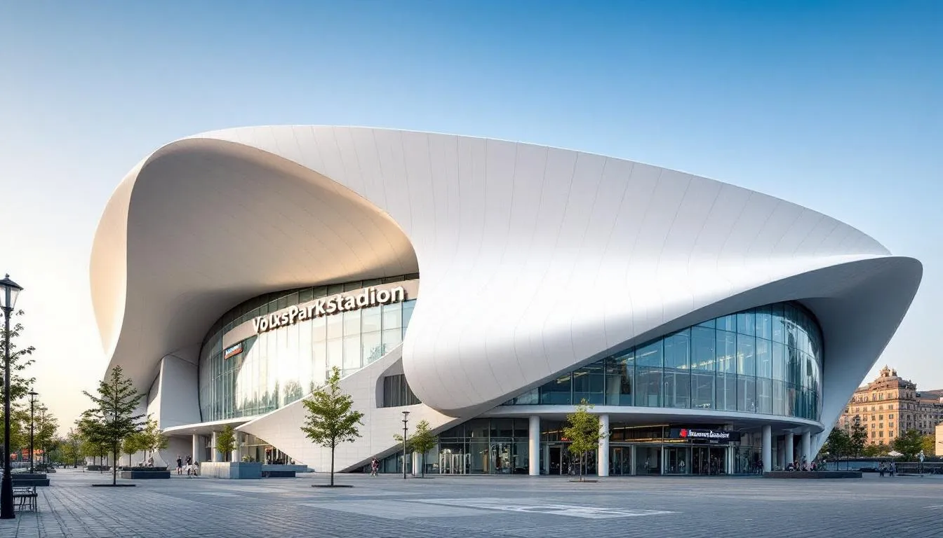 Die Auรenansicht des Volksparkstadions zeigt die markante Dachkonstruktion des Hamburger SV, umgeben von einer lebhaften Atmosphรคre, die die Vorfreude auf die kommenden Fuรballspiele und Events spiegelt. Das Stadion, bekannt als Heimspielstรคtte fรผr den HSV, bietet Platz fรผr zahlreiche Zuschauer und ist ein wichtiger Ort fรผr Sport und Konzerte in Hamburg.