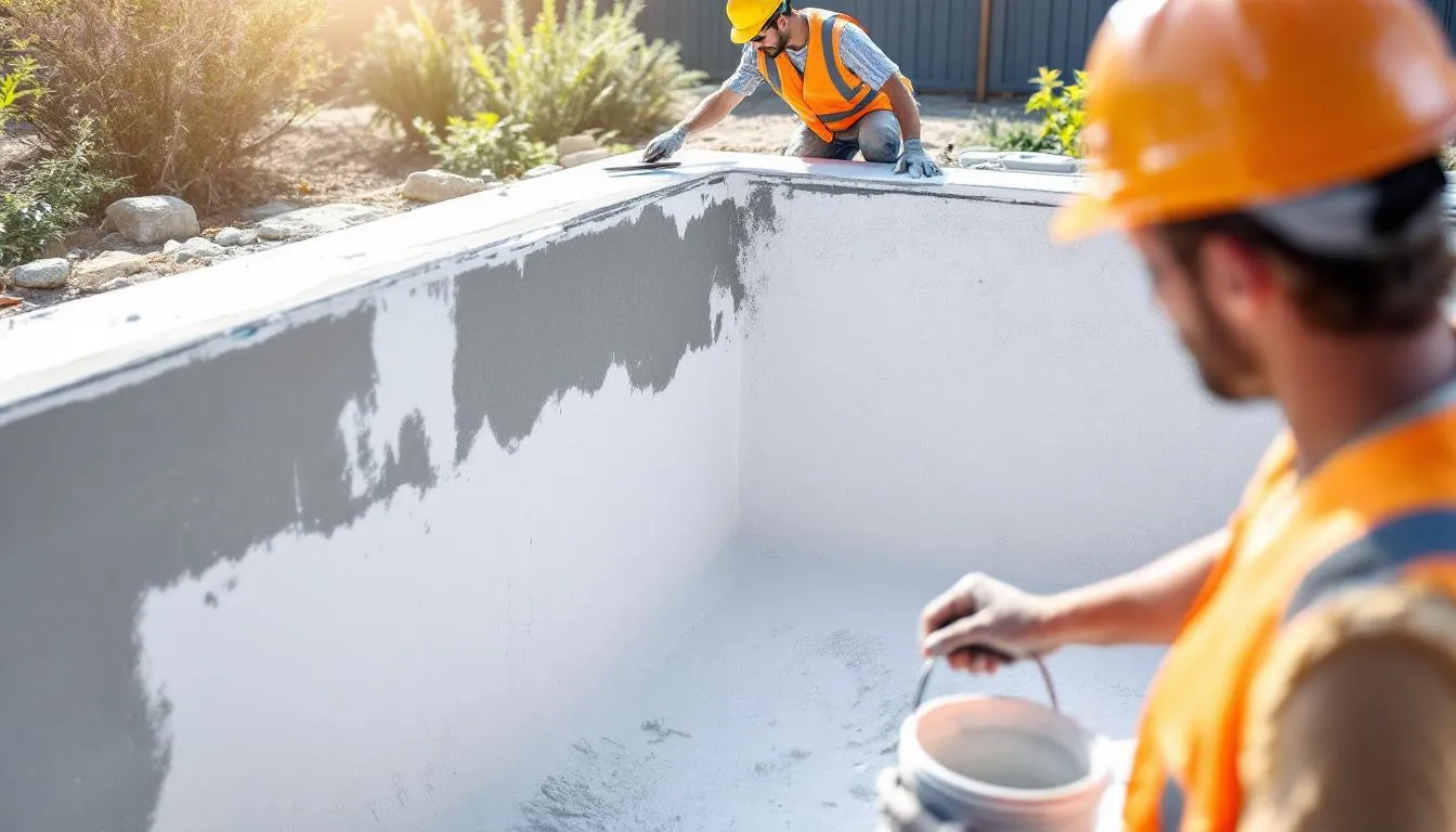 In the image, contractors are diligently applying new plaster to the surface of a drained swimming pool, showcasing the pool renovation process. This pool remodeling project highlights the skilled professionals at work, enhancing the pool's surface for improved aesthetic appeal and longevity.