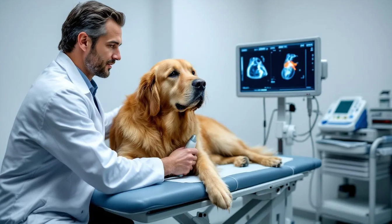 A veterinarian is performing an echocardiogram on a large breed dog, likely assessing for signs of heart disease such as dilated cardiomyopathy (DCM) or congestive heart failure. The procedure involves monitoring the heart