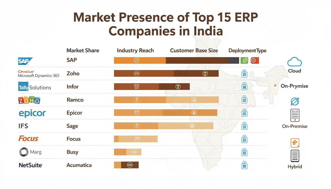 The image displays a comparison chart highlighting the market presence of the top 15 ERP software companies in India, including indicators for various deployment types such as cloud-based and on-premise solutions. This chart serves as a valuable resource for understanding the landscape of ERP software solutions available to enhance business operations and streamline core business processes.
