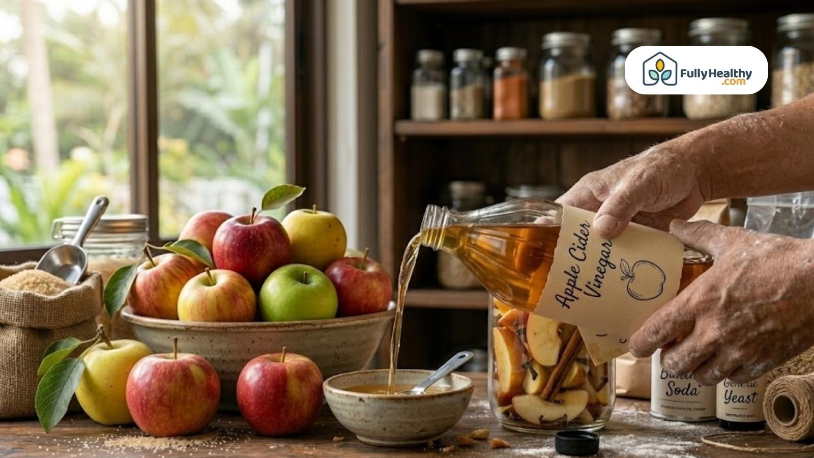 Pouring apple cider vinegar into bowl beside sliced apples