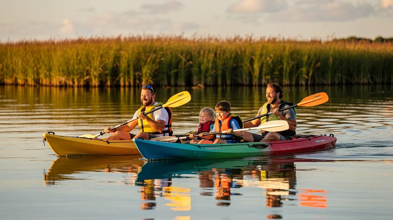 A family is kayaking through the calm waters of a bay, surrounded by lush marsh grasses, creating a serene scene perfect for a family getaway. This picturesque location near Beach Haven offers an ideal backdrop for vacation rentals on Long Beach Island.