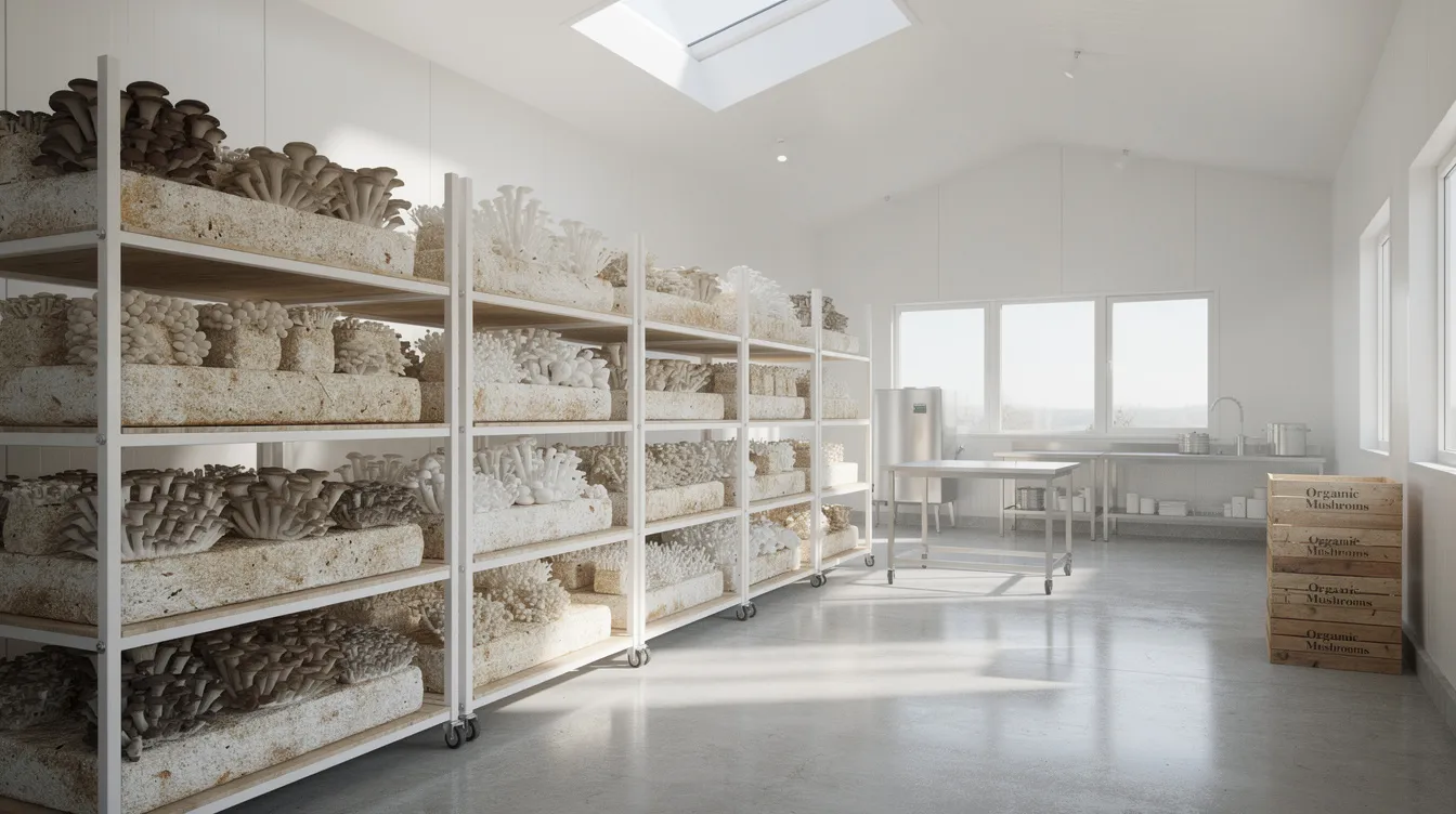 The image depicts a clean and bright organic mushroom growing facility, showcasing rows of healthy host defense mushrooms thriving under natural light. This environment emphasizes the quality and health benefits of mushroom supplements, including lion's mane capsules, which are often recommended for boosting cognition and energy levels.