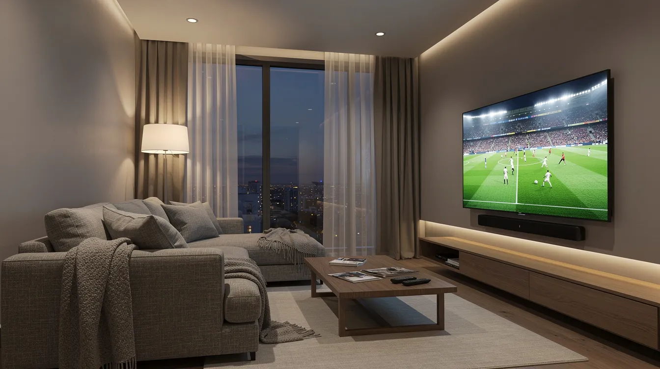 A modern living room features a cozy couch and soft ambient lighting, with a large flat-screen TV showcasing a live soccer match, perfect for sports fans enjoying live sports events through various live TV streaming services.