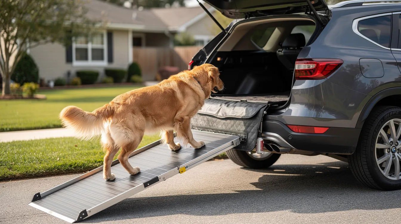 A large dog confidently climbs a wide ramp designed for dogs to access the open boot of an SUV, showcasing the gentle incline that ensures safety and ease for pets of all sizes. This ramp is especially beneficial for older dogs or those with joint issues, allowing them to navigate vehicles comfortably.