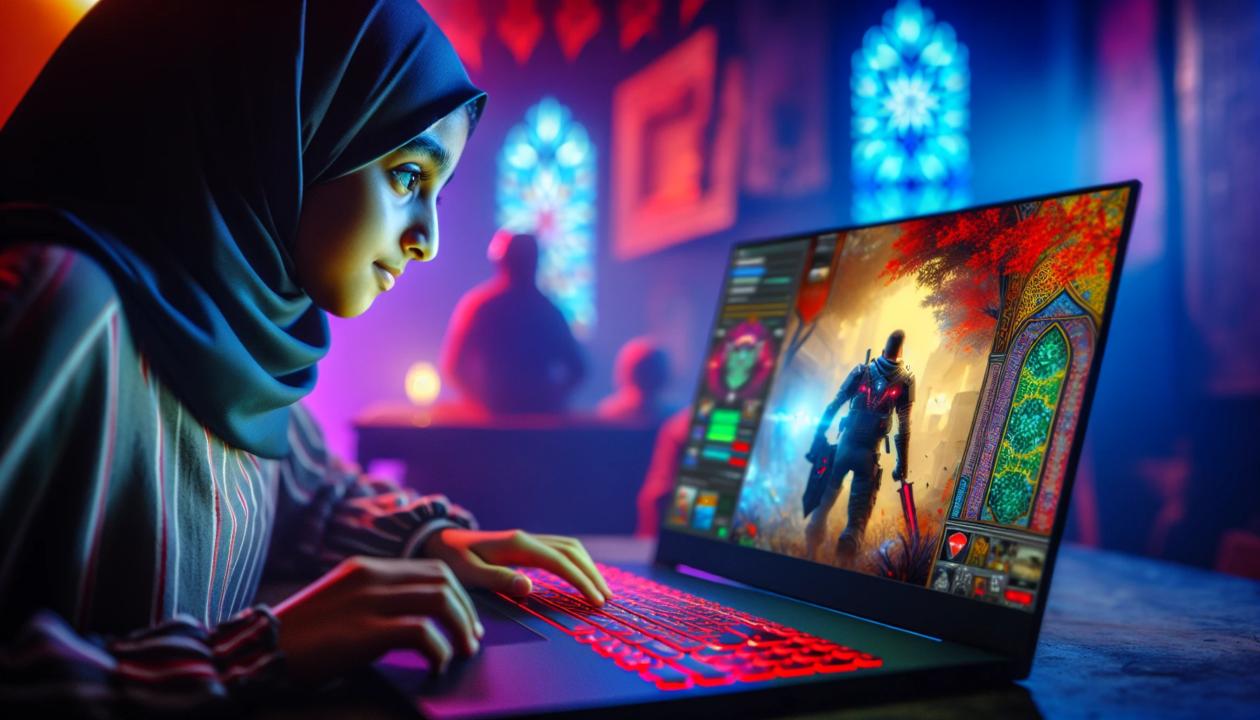 An illustration of a gamer enjoying seamless gameplay on an NVIDIA-powered laptop