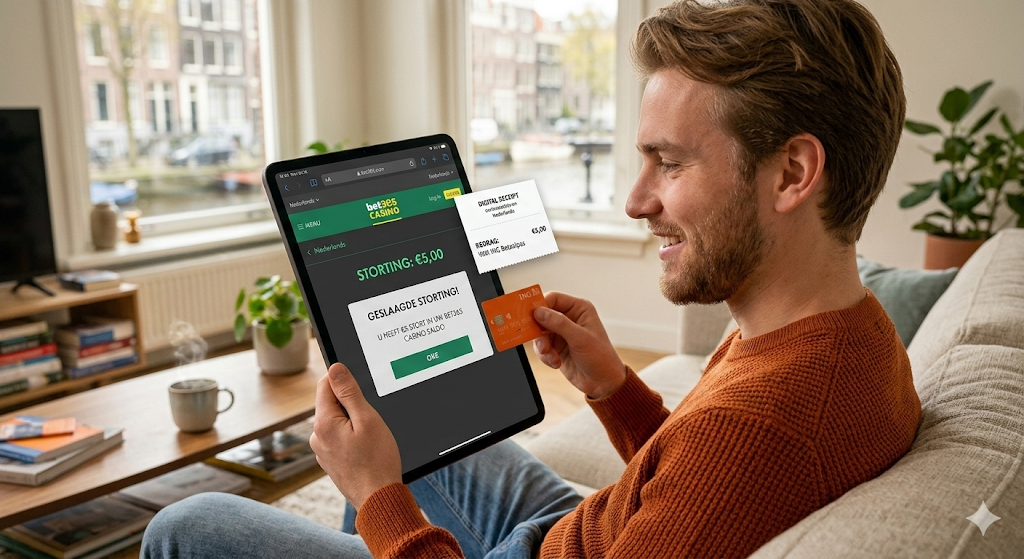 Speler doet een storting van 5 euro bij een online casino, voorbeeld van een 5 euro deposit casino waar nieuwe spelers met een minimale storting kunnen spelen via veilige betaalmethoden bij legale online casino’s.