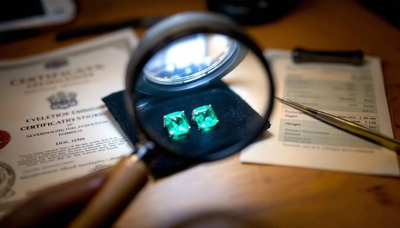 The image shows a pair of stunning emerald earrings being carefully examined with jeweler's tools alongside certification documents, emphasizing their authenticity and elegance. The scene conveys the importance of quality in emerald jewellery, highlighting the meticulous process involved in assessing these beautiful gemstones.