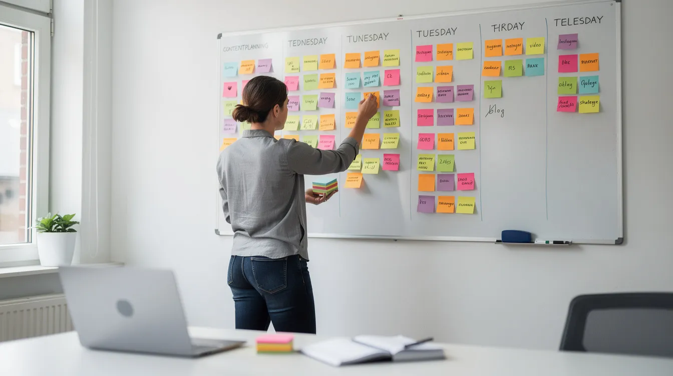 Een persoon is bezig met contentplanning op een whiteboard, omgeven door kleurrijke post-its. Deze activiteit helpt startende ondernemers bij het structureren van hun ideeën en doelen voor hun eigen zaak.