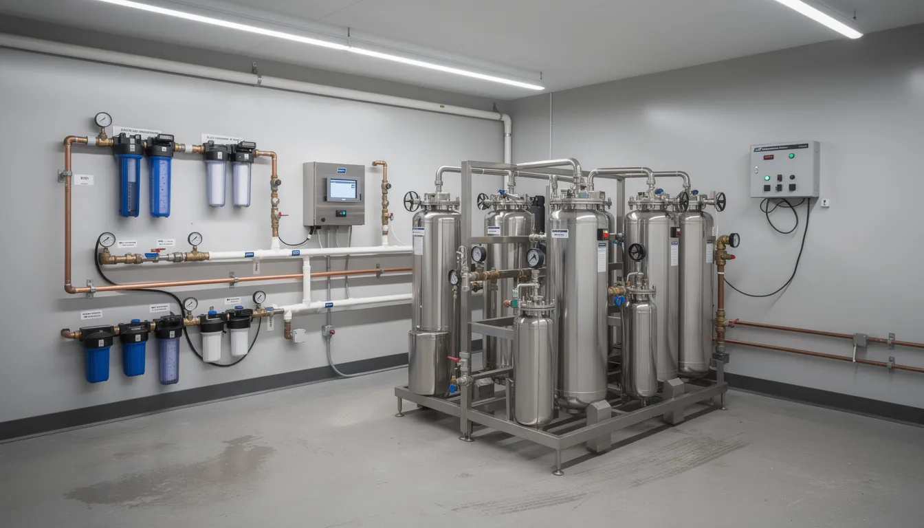 The image shows commercial water filtration equipment, including reverse osmosis systems and water softeners, installed in a mechanical room. This setup is designed to improve water quality and address various water problems, ensuring pure drinking water for residential and commercial services.