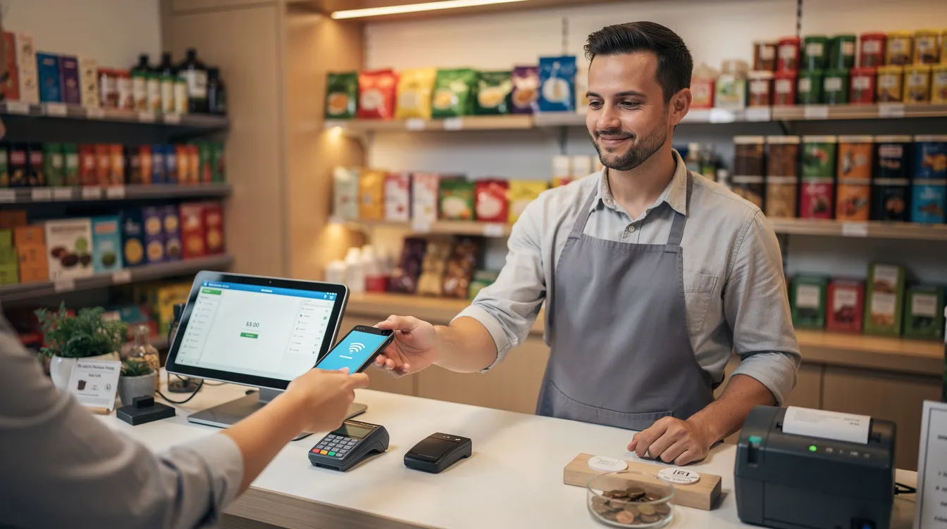The image shows a shop owner engaged in daily transactions at a retail counter, utilizing a digital payment device to process payments. This scene reflects the operations of micro enterprises, which may benefit from financial assistance such as mudra loans to expand their business and improve cash flow.