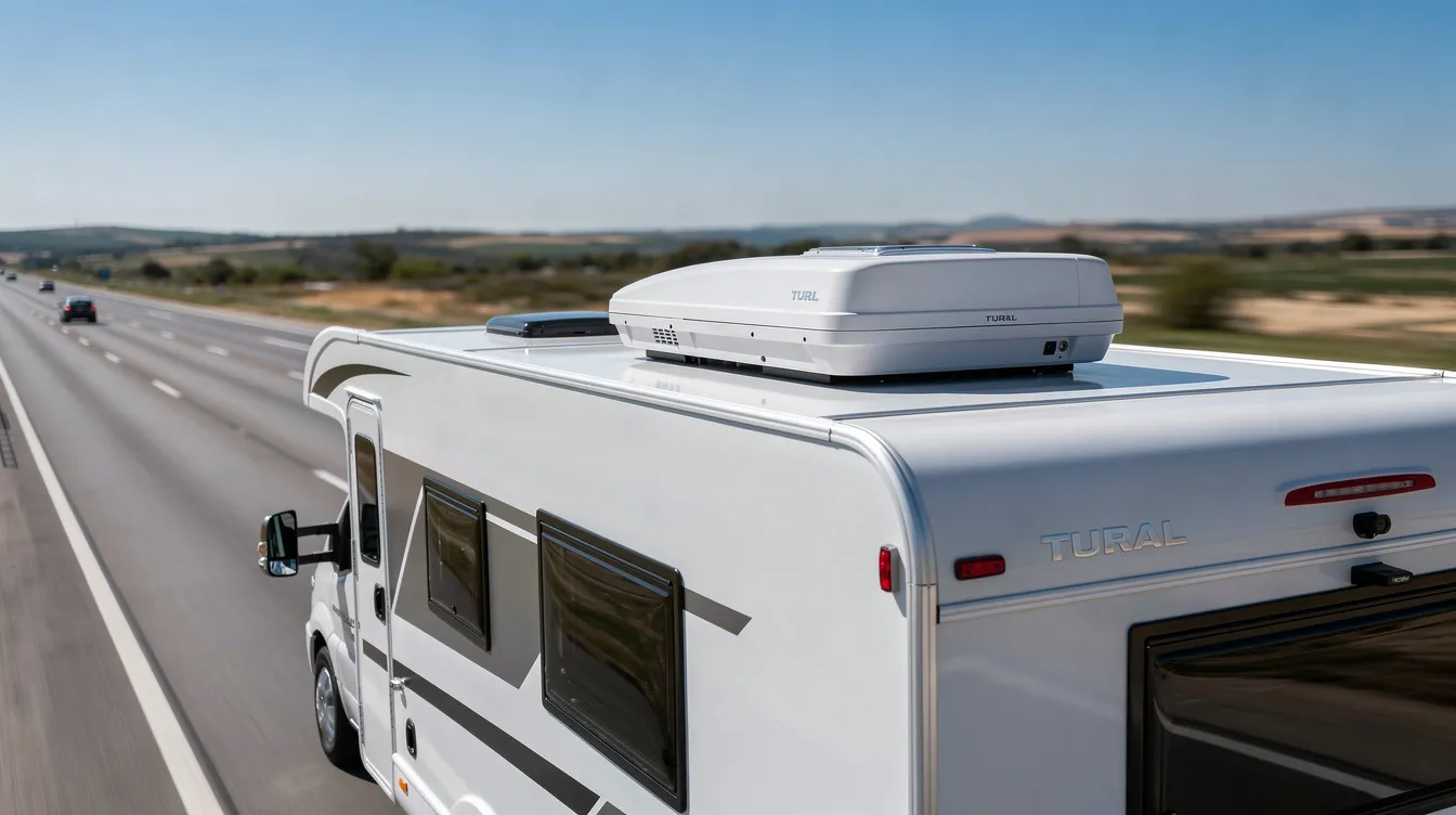 A low-profile, sleek white air conditioning unit is mounted on the roof of a travel trailer, which is driving along a highway. This energy-efficient RV air conditioner is designed to provide cool air and a quieter operation, making it ideal for warmer climates during long travels.