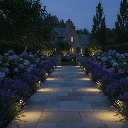 tone garden path illuminated by low landscape lights leading to a cottage.