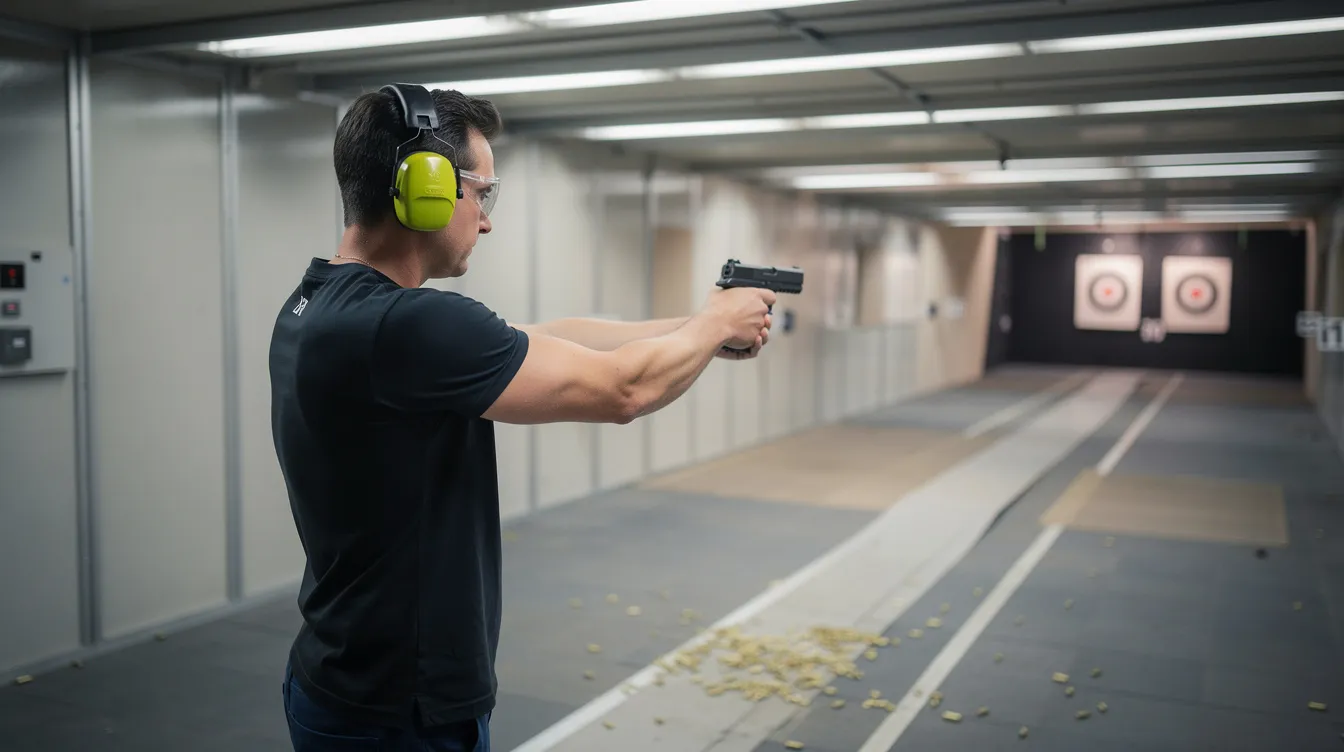 A person is positioned at a well-lit indoor shooting range, wearing ear protection and safety glasses while aiming a handgun downrange. This scene emphasizes the importance of safe handling and adherence to North Carolina's firearm laws for individuals with a valid concealed handgun permit.