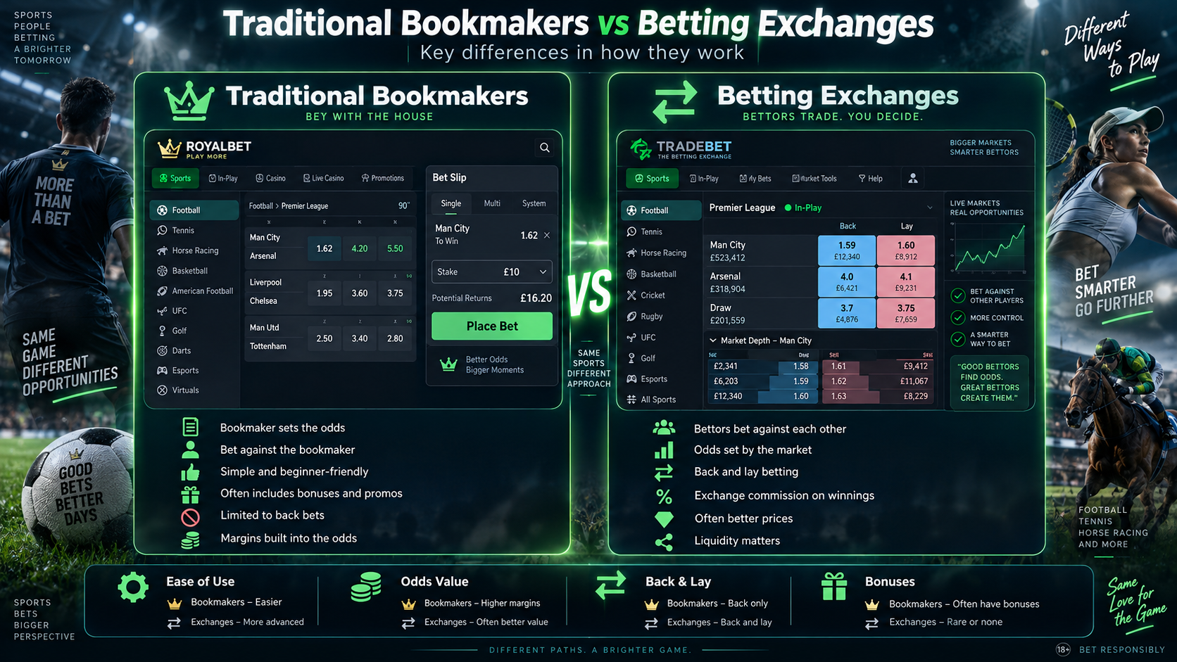 Infographic comparing traditional bookmakers and betting exchanges, including back and lay betting, odds, commissions and bonuses.