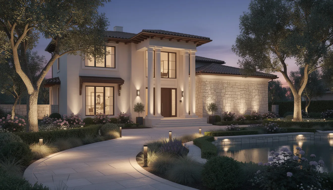 The image depicts an elegant villa exterior illuminated at dusk by professionally installed landscape lighting, showcasing the beauty of the architecture. This setting highlights the importance of reliable electrical services, ensuring optimal performance of the lighting systems for aesthetic appeal and safety.