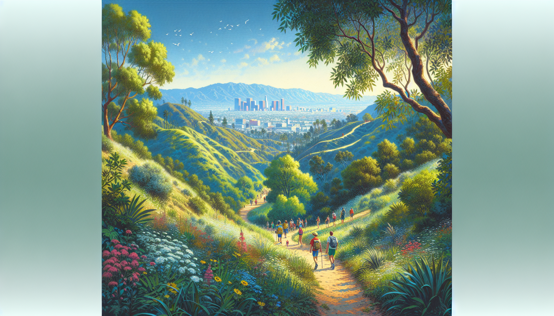 A scenic illustration of hiking trails in Griffith Park, showcasing stunning views of the city and surrounding nature.