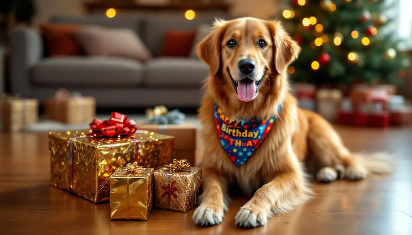 A happy golden retriever wearing a colorful birthday bandana sits next to wrapped presents, ready to celebrate its special day. The scene captures the joy of a dog birthday party, filled with festive decorations and gifts.