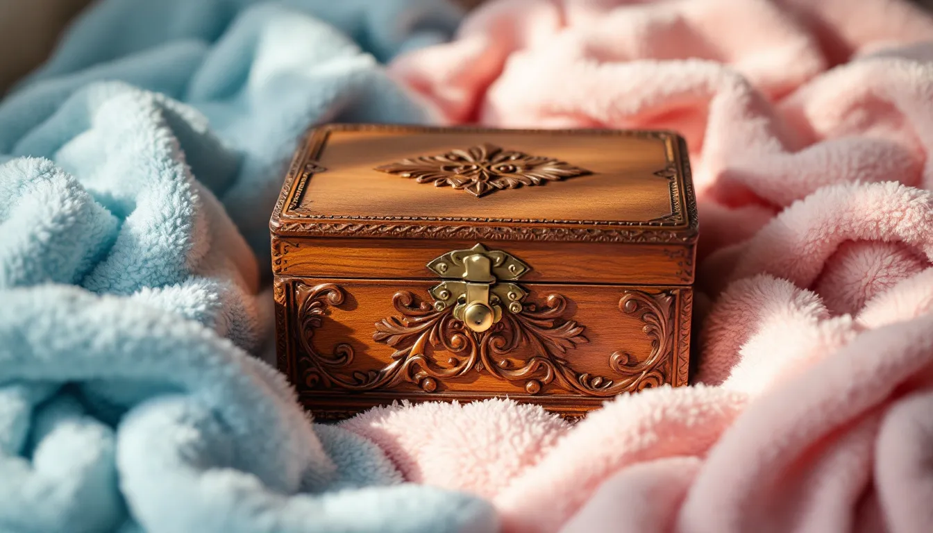 A beautifully crafted wooden keepsake box with personalized engraving sits amidst soft baby blankets, making it a thoughtful and perfect baby shower gift for new parents celebrating their little one's arrival. This charming gift box adds a personal touch to any baby shower gifting experience.