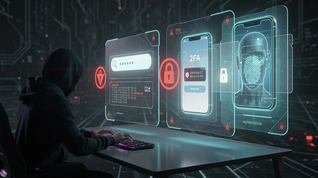 The illustration depicts a hacker attempting to gain unauthorized access to an online account but being thwarted by multiple authentication factors, including password verification, mobile authentication codes, and biometric scans against a dark, futuristic cyber grid background with blue neon lighting. This visual emphasizes the importance of multi-factor authentication in protecting sensitive information and ensuring that only the user can access their accounts.