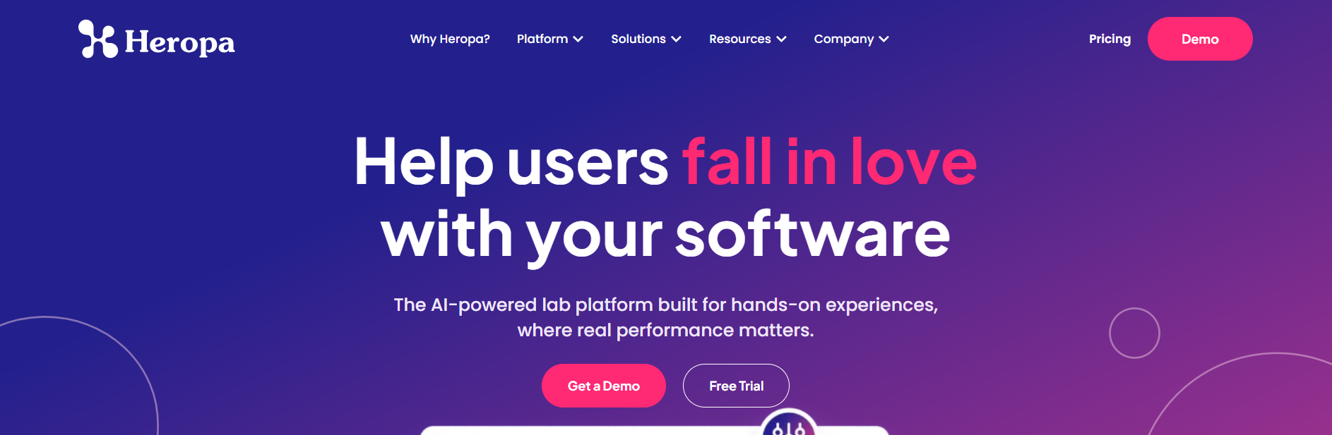 Heropa homepage featuring an AI-powered virtual lab platform for hands-on software training, product demonstrations, and technical learning.