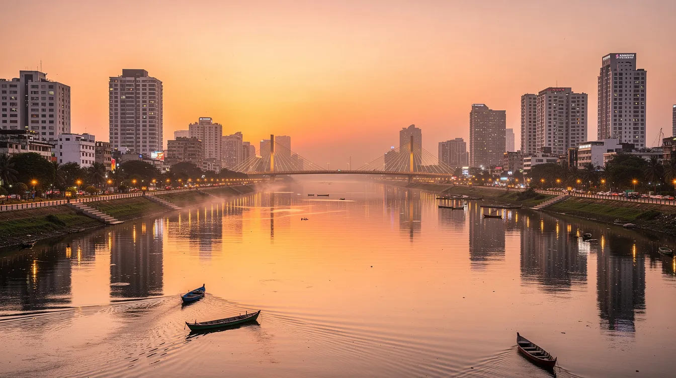 The image captures the stunning skyline of Surat city in Gujarat, India, beautifully illuminated by the warm hues of sunset over the Tapi River. The scene showcases modern buildings alongside traditional architecture, reflecting the vibrant culture and economic activity of the region, including services offered by the Surat District Cooperative Bank for electronic fund transfers and banking transactions.