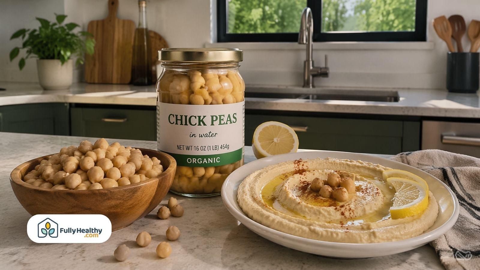 Jar of canned chickpeas with hummus lemon in kitchen setting