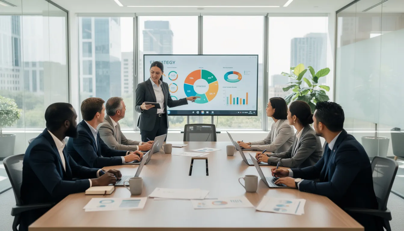 A diverse business team is engaged in a strategy meeting within a modern office space, discussing plans that could enhance their travel reservation systems and improve the booking process for customers. The atmosphere is collaborative, reflecting a focus on delivering exceptional customer experiences in the travel industry.