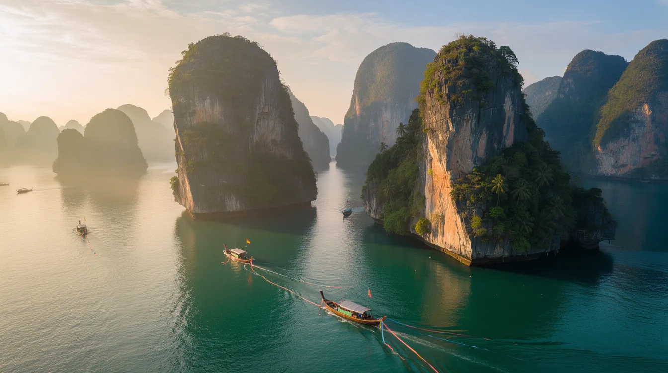 A imagem retrata a Baía de Phang Nga, na Tailândia, famosa por suas impressionantes formações rochosas e ilhas cercadas por águas cristalinas. É um destino popular para turistas que buscam explorar a vida marinha e desfrutar de passeios de barco na região.