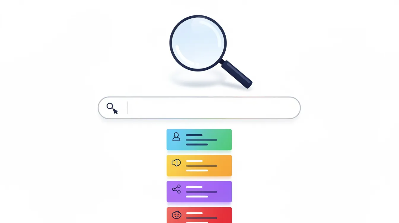 The image shows a magnifying glass hovering over a search bar, with colorful search results appearing beneath it, symbolizing the process of search engine optimization and the importance of keyword research in improving search rankings. This visual represents how users search for relevant pages and how search engines discover and rank web pages.
