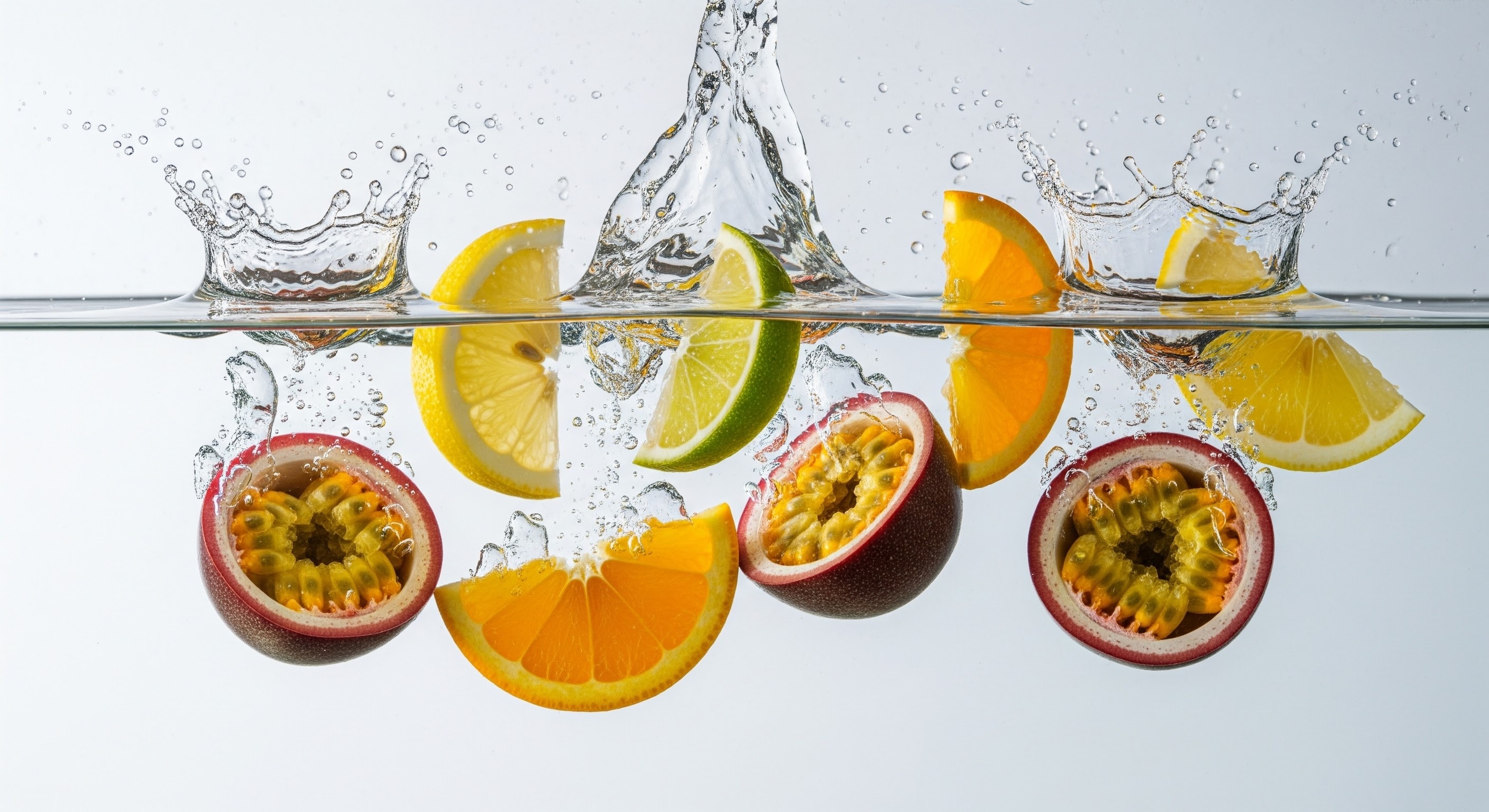 macro splash of citrus and passion fruit with water, clean backdrop, fresh ingredients, high-speed photography