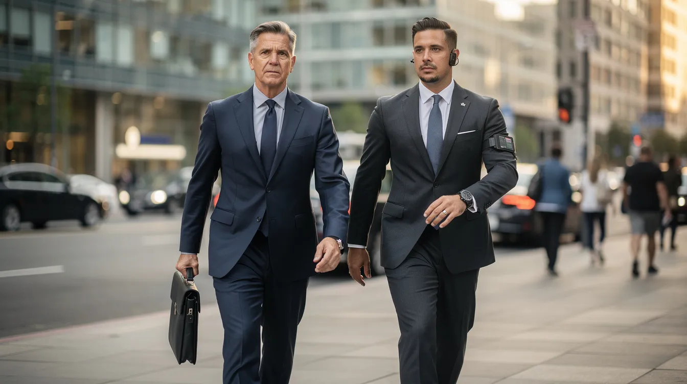 A professional close protection operative discreetly escorts a business client through a busy urban environment, showcasing the essential role of bodyguard services in personal security. The operative, highly trained and equipped with extensive expertise, ensures the client's safety while navigating potential threats.